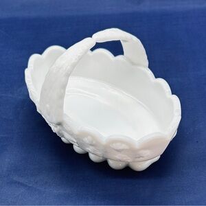 Vintage Milk Glass Paneled Grape Candy Dish w/ Center Handle Scalloped Nut Bowl